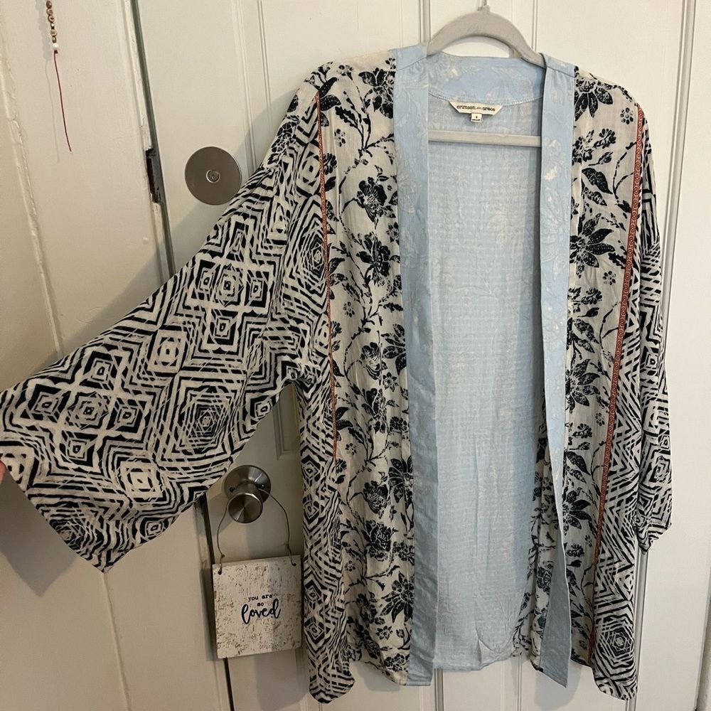 Crimson in Grace Lightweight Boho Kimono Open Front Floral Printed Light Blue